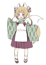 Rule 34 | 1girl, :d, animal ears, apron, bad id, bad twitter id, black footwear, brown hair, brown skirt, chibi, commentary request, fang, fox ears, fox girl, fox tail, full body, green kimono, heterochromia, japanese clothes, kimono, long hair, midorikawa you, open mouth, original, pleated skirt, print kimono, purple eyes, red eyes, sandals, simple background, skirt, smile, solo, standing, tabi, tail, thick eyebrows, twintails, white apron, white background, white legwear, yagasuri, zouri
