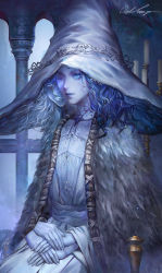 Rule 34 | 1girl, blue eyes, blue hair, blue skin, candle, cloak, closed mouth, colored eyelashes, colored skin, cracked skin, dress, elden ring, extra arms, extra faces, fur cloak, hands on lap, hat, highres, long hair, looking at viewer, one eye closed, oreki genya, pillar, ranni the witch, sitting, slit pupils, smile, solo, witch, witch hat