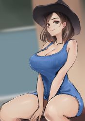Rule 34 | 1girl, absurdres, bare shoulders, between legs, blue dress, breasts, brown eyes, brown hair, bunny ayumi, character request, cleavage, closed mouth, commentary request, cowboy hat, dress, hand between legs, hat, highres, huge breasts, large breasts, looking at viewer, real life, shirofugu, short hair, sitting, smile, solo, thighs