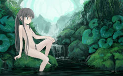 Rule 34 | 1girl, arm support, barefoot, black eyes, black hair, collarbone, completely nude, dated, day, flat chest, full body, hand on own knee, knee up, leaf, long hair, nature, nipples, no nose, nude, on rock, original, outdoors, partially submerged, ponytail, roreru (rorerore-ya), sidelocks, signature, sitting, smile, solo, tree, very long hair, water, waterfall