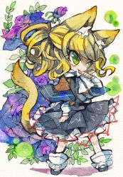 Rule 34 | 1girl, animal ears, blush, cat ears, cat tail, flower, green eyes, highres, japanese clothes, kusuke, mizuhashi parsee, painting (medium), scarf, solo, tail, touhou, traditional media, watercolor (medium)