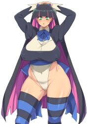 Rule 34 | 1girl, absurdres, arms up, blue eyes, blush, bow, bowtie, covered erect nipples, covered navel, highres, leotard, minakami (flyingman555), navel, open mouth, panty &amp; stocking with garterbelt, pink hair, purple hair, stocking (psg), thick thighs, thighhighs, thighs, white background, wide hips