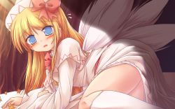 Rule 34 | 1girl, all fours, blonde hair, blue eyes, blush, bow, bowtie, capelet, female focus, gradient background, hat, highres, kneehighs, leaf, lily white, long hair, lzh, maple leaf, socks, solo, touhou, white socks, wings