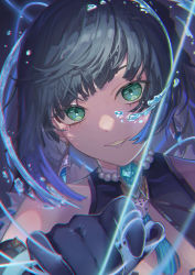 Rule 34 | 1girl, absurdres, bare shoulders, bead necklace, beads, black background, black gloves, bob cut, brooch, diagonal bangs, dice, genshin impact, gloves, glowing, green eyes, grin, hand up, highres, hydrokinesis, jewelry, looking at viewer, multicolored hair, neck tassel, necklace, nonori i, parted lips, portrait, reaching, reaching towards viewer, short hair, smile, solo, string, tassel choker, twitter username, water, yelan (genshin impact)