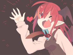 Rule 34 | 1girl, :d, ;), ;d, akimaki yuu, bat wings, blush, fang, head wings, heart, koakuma, long hair, long sleeves, looking at viewer, necktie, one eye closed, open mouth, red eyes, red hair, simple background, smile, solo, touhou, vest, wings