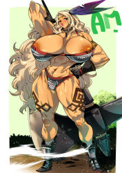 Rule 34 | 1girl, abs, alternate breast size, alternate hair length, alternate hairstyle, amazon (dragon&#039;s crown), areola slip, arm up, armlet, armor, axe, bikini armor, black gloves, blonde hair, boots, breasts, circlet, dragon&#039;s crown, feathers, full body, gigantic breasts, gloves, halberd, hand on own hip, kemonono (inchiki dou), large areolae, leg tattoo, lips, long hair, muscular, muscular arms, muscular female, muscular legs, outdoors, polearm, solo, tattoo, thick lips, very long hair, weapon