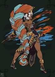 Rule 34 | 1girl, absurdres, back tattoo, blue hair, bolovitz, bracelet, braid, breasts, bridal gauntlets, commission, commissioner upload, dark-skinned female, dark skin, fire, from behind, full body, gerudo, gerudo symbol, highres, ice, jewelry, lips, long hair, long nose, low-tied long hair, magic, medium breasts, multicolored clothes, multicolored hair, nintendo, pelvic curtain, red eyes, shoes, sidelocks, simple background, single braid, skirt, smile, standing, tattoo, the legend of zelda, the legend of zelda: breath of the wild, very long hair, white hair
