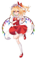 1girl absurdres ascot blonde_hair blush crystal flandre_scarlet hair_ornament hat hat_ribbon heart heart_hair_ornament highres iris_(airisu495) knee_up looking_at_viewer mob_cap multicolored_wings open_mouth puffy_short_sleeves puffy_sleeves red_eyes red_footwear red_skirt red_vest ribbon short_sleeves side_ponytail simple_background skirt skirt_set solo touhou vest white_background white_hat wings yellow_ascot