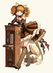 Rule 34 | 1girl, animal ears, blonde hair, boots, cable, cross-laced footwear, detached collar, dial, dress, elbow gloves, fake animal ears, frilled dress, frills, gears, gloves, head rest, headset, high heels, highres, keiko (mitakarawa), knee boots, lace-up boots, leaning forward, light smile, long hair, looking at viewer, looking to the side, multiple tails, original, phonograph, simple background, solo, speaker, steampunk, tail, twintails, white background, yellow eyes