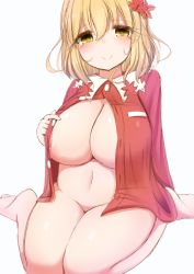 Rule 34 | 1girl, aki shizuha, areola slip, bad id, bad pixiv id, barefoot, belly, blonde hair, blush, breasts, buttons, hair between eyes, highres, huge breasts, leaf, leaf on head, looking at viewer, naked shirt, plump, red shirt, shiro oolong-cha, shirt, simple background, sitting, sketch, smile, solo, star-shaped pupils, star (symbol), symbol-shaped pupils, thighs, touhou, wariza, white background, yellow eyes