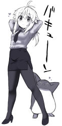 Rule 34 | + +, 1girl, animal, antenna hair, arms behind head, bird, blush, breasts, closed mouth, collared shirt, commentary request, dress shirt, greyscale, hair between eyes, hands up, heart, high heels, hijikata-san (m.m), koshirae tsurugi (m.m), long hair, long sleeves, looking at viewer, m.m, monochrome, necktie, original, pantyhose, pencil skirt, penguin, shirt, shoes, simple background, skirt, small breasts, smile, standing, translation request, white background
