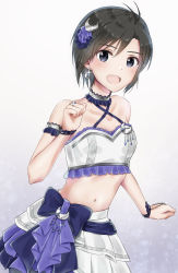 Rule 34 | 1girl, :d, antenna hair, arm strap, bare shoulders, black eyes, black hair, blue bow, bow, breasts, choker, collarbone, crescent, crescent hair ornament, criss-cross halter, crop top, earrings, grey background, hair between eyes, hair ornament, halterneck, highres, idolmaster, idolmaster (classic), jewelry, kikuchi makoto, layered skirt, looking at viewer, midriff, mogskg, navel, open mouth, pleated skirt, short hair, simple background, skirt, small breasts, smile, solo, sparkle, standing, stomach, white background, white skirt