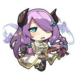 Rule 34 | 10s, 1girl, :o, black footwear, black gloves, black thighhighs, blue eyes, blush, boots, braid, breasts, bug, butterfly, butterfly hair ornament, chibi, draph, elbow gloves, female focus, fingerless gloves, full body, gloves, granblue fantasy, hair ornament, hair over one eye, horns, insect, katana, large breasts, long hair, lowres, narmaya (granblue fantasy), nyagakiya, open mouth, pointy ears, purple hair, sheath, sheathed, simple background, single braid, single thighhigh, solo, standing, sword, tareme, thigh strap, thighhighs, weapon, white background