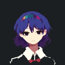 Rule 34 | 1girl, 4qw5, black background, black eyes, blue hair, buttons, cape, capelet, expressionless, hair between eyes, hair ornament, looking at viewer, medium hair, pixel art, rainbow, rainbow print, simple background, tenkyuu chimata, touhou, white cape, white capelet