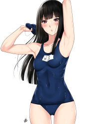 Rule 34 | 1girl, arm behind head, arm up, armpits, artist name, bad id, bad pixiv id, black hair, blue one-piece swimsuit, blunt bangs, blush, breasts, collarbone, covered navel, cowboy shot, dripping, gluteal fold, highres, lips, long hair, looking at viewer, millipen (medium), name tag, old school swimsuit, one-piece swimsuit, original, parted lips, purple eyes, school swimsuit, shiny skin, sidelocks, signature, simple background, small breasts, solo, swim cap, swimsuit, traditional media, wet, xter