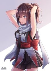 Rule 34 | 1girl, adjusting hair, alternate hairstyle, armpits, arms up, bare arms, bare shoulders, black necktie, black skirt, blush, breasts, brown eyes, brown hair, commentary request, cowboy shot, hair ornament, hair tie, hair tie in mouth, kantai collection, long hair, looking away, miniskirt, morigami (morigami no yashiro), mouth hold, necktie, pleated skirt, ponytail, scarf, sendai (kancolle), sendai kai ni (kancolle), signature, simple background, skirt, solo, standing, twitter username, v-shaped eyebrows, white scarf