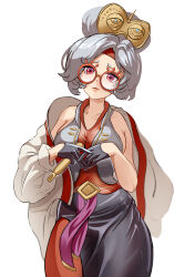 Rule 34 | 1girl, absurdres, bare shoulders, black gloves, black skirt, bodysuit, breasts, closed mouth, coat, commentary, english commentary, eyewear on head, gloves, grey hair, hair ornament, hair stick, half gloves, highres, holding, lab coat, large breasts, long sleeves, looking at viewer, mikazeze, nintendo, purah, red-framed eyewear, red bodysuit, red eyes, round eyewear, sheikah, short hair, skirt, solo, the legend of zelda, the legend of zelda: tears of the kingdom, updo, vest, white background, white coat, white vest