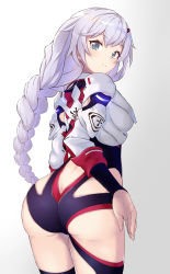 Rule 34 | 1girl, absurdres, arched back, ass, ass cutout, blue eyes, braid, braided ponytail, breasts, butt crack, character request, clothing cutout, commentary request, gradient background, grey background, highres, honkai (series), honkai impact 3rd, kallen kaslana, kallen kaslana (ritual imayoh), leotard, long hair, long sleeves, looking at viewer, looking back, medium breasts, ponta (velmar), purple leotard, sidelocks, silver hair, single braid, solo, very long hair, white background