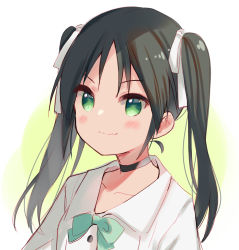 Rule 34 | 1girl, black choker, black hair, blush stickers, bow, choker, closed mouth, collarbone, collared shirt, fang, fang out, francesca lucchini, green bow, hair bow, highres, long hair, looking away, meito (maze), parted bangs, shirt, smile, solo, strike witches, twintails, upper body, v-shaped eyebrows, white bow, white shirt, world witches series