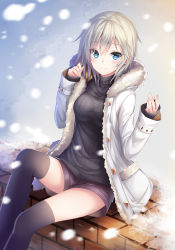Rule 34 | 10s, 1girl, absurdres, anastasia (idolmaster), black sweater, black thighhighs, blue eyes, breasts, brown shorts, buttons, chabaneko, closed mouth, coat, cold, fingernails, fur-trimmed coat, fur trim, hair between eyes, hands up, heart, heart-shaped pupils, highres, idolmaster, idolmaster cinderella girls, knee up, long sleeves, looking at viewer, medium breasts, ribbed sweater, short hair, short shorts, shorts, sitting, sleeves past wrists, smile, snowing, solo, sweater, symbol-shaped pupils, thighhighs, turtleneck, turtleneck sweater, white hair, winter clothes, winter coat