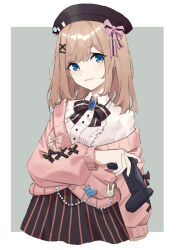 Rule 34 | 1girl, absurdres, arm at side, beret, black bow, black bowtie, blue eyes, border, bow, bowtie, brown hair, brown hat, brown skirt, buttons, cardigan, center frills, collared shirt, controller, cropped legs, fagun233, frilled shirt, frills, game controller, gem, grey background, hair bow, hair ornament, hairclip, hat, highres, holding, holding controller, holding game controller, long sleeves, looking at viewer, medium hair, nijisanji, off shoulder, outside border, parted lips, pink bow, pink cardigan, shirt, simple background, skirt, smile, solo, striped clothes, striped skirt, suzuhara lulu, suzuhara lulu (1st costume), vertical-striped clothes, vertical-striped skirt, white border, white shirt, x hair ornament