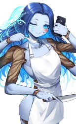 Rule 34 | 1girl, apron, blue eyes, blue hair, blue skin, blush, breasts, casul, cellphone, closed mouth, colored skin, commentary, cowboy shot, crack, cracked skin, elden ring, english commentary, extra arms, extra faces, facial tattoo, glowing tattoo, hand up, highres, holding, holding knife, holding phone, holding spoon, jewelry, joints, knife, long hair, looking at viewer, one eye closed, phone, ranni the witch, ring, simple background, small breasts, solo, spoilers, spoon, tattoo, white apron, white background