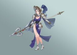 Rule 34 | 1girl, absurdres, armor, bare legs, blue eyes, breasts, brown dust 2, cape, center opening, corset, dress, gauntlets, hair between eyes, hat feather, helmet, high heels, highres, hip armor, holding, holding polearm, holding weapon, jewelry, large breasts, long dress, no panties, open mouth, pauldrons, polearm, short hair, shoulder armor, solo, strapless, strapless dress, stupidbute, tachi-e, teresse (brown dust), visor (armor), weapon