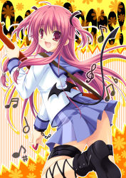 Rule 34 | 10s, 1girl, angel beats!, ankle lace-up, artist request, bat wings, beamed quavers, belt, boots, chain, clef, cross, cross-laced footwear, demon tail, fang, flat sign, guitar, instrument, long hair, looking back, music, musical note, narumi yuu (bunbukudou), note, open mouth, pink eyes, pink hair, quaver, ribbon, school uniform, serafuku, sharp sign, short twintails, solo, strap, tail, thigh strap, treble clef, twintails, two side up, wings, yui (angel beats!)