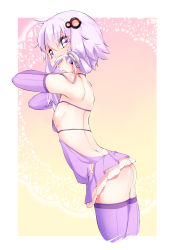 Rule 34 | 1girl, adapted costume, arched back, ass, back, bad id, bad pixiv id, bare shoulders, blush, border, choker, covered mouth, cropped legs, detached sleeves, dress, flat chest, from side, gradient background, hair ornament, highres, holding, holding own hair, lace background, looking at viewer, microdress, multicolored background, outside border, pedocchi, purple dress, purple eyes, purple hair, purple thighhighs, ribbed dress, ribbed legwear, short hair with long locks, sidelocks, sleeves past wrists, solo, thighhighs, vocaloid, voiceroid, white border, yuzuki yukari