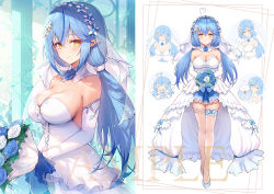 Rule 34 | 1girl, ahoge, alternate costume, blue footwear, blue hair, blush, bouquet, breasts, bridal veil, chibi, cleavage, closed mouth, commentary, daifuku (yukihana lamy), detached collar, dress, elbow gloves, closed eyes, flower, frilled dress, frills, full body, gloves, hair between eyes, hair flower, hair ornament, haoni, heart, heart ahoge, holding, holding bouquet, hololive, jewelry, large breasts, light blue hair, long hair, looking at viewer, multicolored hair, off-shoulder dress, off shoulder, one eye closed, ornate ring, pillar, plant, pointy ears, ring, sample watermark, second-party source, see-through, see-through legwear, shoes, smile, strapless, strapless dress, streaked hair, thighhighs, thighs, twintails, two-tone hair, upper body, veil, vines, virtual youtuber, watermark, wedding dress, wedding ring, white dress, white gloves, yellow eyes, yukihana lamy, zettai ryouiki