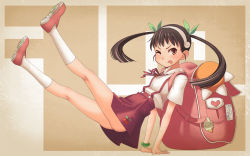 10s 1girl ;p baakurou backpack bag bakemonogatari black_hair hachikuji_mayoi highres legs long_hair monogatari_(series) nisemonogatari one_eye_closed randoseru red_eyes tongue tongue_out twintails wink