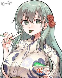 Rule 34 | :p, alternate costume, aqua eyes, aqua hair, bowl, breasts, cup, disposable cup, eating, floral print, flower, food, hair between eyes, hair flower, hair ornament, hairclip, highres, holding, holding bowl, holding food, holding spoon, japanese clothes, kantai collection, kimono, large breasts, long hair, looking at viewer, matsunaga (haku), obi, sash, shaved ice, simple background, smile, spoon, spoon straw, suzuya (kancolle), tongue, tongue out, twitter username, upper body, white background, wide sleeves, yukata