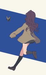 Rule 34 | 1girl, ahoge, brown hair, bug, butterfly, cardigan, from behind, full body, highres, ichinose shiki, idolmaster, idolmaster cinderella girls, insect, kneehighs, loafers, long hair, long sleeves, naname (fossama1), pleated skirt, shoes, skirt, sleeves past fingers, sleeves past wrists, socks, solo, standing, standing on one leg, sweater, two-tone background, wavy hair