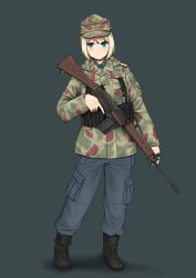 Rule 34 | 1girl, absurdres, battle rifle, blonde hair, blue eyes, camouflage, cargo pants, commentary request, fn fal, full body, germany, gun, hat, highres, holding, holding gun, holding weapon, mardjan, military, military hat, military uniform, original, pants, rifle, short hair, simple background, solo, trigger discipline, uniform, weapon