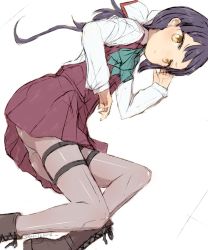 Rule 34 | 1girl, ahoge, alchera, asymmetrical bangs, black hair, boots, bow, bowtie, cross-laced footwear, dress, fujinami (kancolle), grey pantyhose, hair ribbon, kantai collection, lace-up boots, long hair, looking at viewer, lying, on side, pantyhose, pleated dress, purple dress, ribbon, school uniform, shirt, side ponytail, simple background, solo, white background, white ribbon, white shirt, yellow eyes
