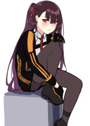 Rule 34 | 1girl, 3 small spiders, absurdres, black footwear, black jacket, black pantyhose, blush, closed mouth, girls&#039; frontline, hair ribbon, highres, hugging own legs, jacket, long hair, looking at viewer, necktie, pantyhose, ponytail, purple hair, red eyes, red necktie, ribbon, shirt, shoes, sitting, solo, wa2000 (girls&#039; frontline), white background, white shirt