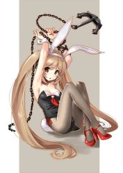 Rule 34 | 10s, 1girl, adapted costume, anchor, animal ears, blonde hair, breasts, brown eyes, brown hair, brown pantyhose, chain, collar, crossed legs, fake animal ears, full body, hair ribbon, high heels, kantai collection, katahira masashi, leotard, long hair, looking at viewer, murasame (kancolle), open mouth, pantyhose, playboy bunny, rabbit ears, rabbit tail, ribbon, sitting, solo, swimsuit, tail, twintails, very long hair
