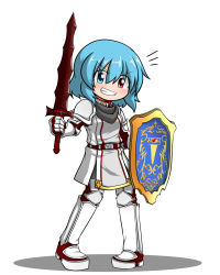 Rule 34 | 00s, 1girl, armor, armored boots, bad id, bad pixiv id, belt, blue eyes, blue hair, blush, boots, buront, buront (cosplay), cosplay, final fantasy, final fantasy xi, gauntlets, greaves, grin, heterochromia, highres, looking at viewer, matching hair/eyes, red eyes, shield, short hair, shoulder pads, smile, solo, sumiya nadateru, sword, tatara kogasa, the iron of yin and yang, touhou, weapon
