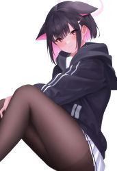 Rule 34 | 1girl, absurdres, animal ears, black hair, black jacket, blue archive, blush, brown pantyhose, cat ears, closed mouth, colored inner hair, extra ears, eyes visible through hair, floppy ears, food-themed hair ornament, gadeung hye, hair ornament, halo, highres, hood, hood down, hooded jacket, ice cream hair ornament, jacket, kazusa (blue archive), long sleeves, looking at viewer, miniskirt, multicolored hair, pantyhose, pink hair, pleated skirt, red eyes, short hair, sidelocks, simple background, skirt, solo, striped clothes, striped jacket, thighs, white background, white skirt