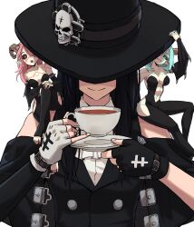 Rule 34 | 1other, 2girls, absurdres, androgynous, aqua eyes, aqua hair, ascot, asymmetrical gloves, asymmetrical sleeves, bare shoulders, black gloves, black hair, black headwear, cup, demon girl, demon horns, fingerless gloves, gloves, guilty gear, guilty gear strive, hat, hat ornament, highres, holding, holding cup, horns, long hair, looking at viewer, multiple girls, other focus, pink hair, red eyes, skull, skull hat ornament, smile, succubus familiar, testament (guilty gear), top hat, white ascot, white gloves, yakutzan
