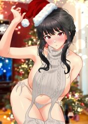 Rule 34 | 1girl, absurdres, artist name, bare shoulders, black hair, blurry, blurry background, blush, braid, breasts, christmas, christmas lights, christmas ornaments, christmas tree, female focus, gluteal fold, hat, highres, indoors, large breasts, long hair, looking at viewer, meisaki, navel, parted lips, red eyes, santa hat, sidelocks, solo, spy x family, stomach, television, thighhighs, yor briar