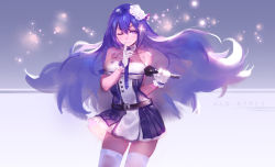 Rule 34 | 1girl, bare arms, bare shoulders, belt, black dress, cowboy shot, dress, finger to mouth, flower, hair flower, hair ornament, idol, kishiyo, layered dress, long hair, md5 mismatch, one eye closed, original, pink eyes, pixiv fantasia, pixiv fantasia t, purple hair, rei no himo, resolution mismatch, revision, shushing, smile, solo, thighhighs, very long hair, white dress, white thighhighs, wind, zettai ryouiki