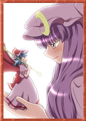 Rule 34 | 2girls, female focus, framed, half-closed eyes, looking at another, mini person, minigirl, multiple girls, nanahoshi tsukasa, patchouli knowledge, profile, remilia scarlet, spoon, touhou