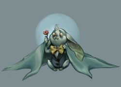 Rule 34 | bow, bowtie, buttons, clouded-3d, commentary, empty eyes, english commentary, fangs, flower, full body, grey background, holding, holding flower, korbat, neopets, no humans, pants, short sleeves, signature, simple background, sitting, solo, zombie