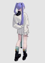 Rule 34 | 1girl, absurdres, arm behind back, black footwear, black shirt, boots, facing away, full body, grey background, highres, holding own arm, invisible floor, long hair, long sleeves, original, ozorano megane, pleated skirt, purple hair, shirt, shirt under shirt, simple background, skirt, socks, solo, standing, twintails, white shirt, white skirt