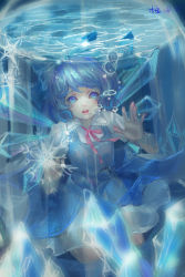 Rule 34 | 1girl, absurdres, blue dress, blue eyes, blue hair, bow, bubble, cirno, dress, hair bow, highres, ice, ice wings, kamachi kamachi-ko, looking at viewer, matching hair/eyes, open mouth, puffy short sleeves, puffy sleeves, shirt, short sleeves, solo, touhou, underwater, wings