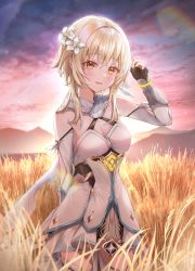 Rule 34 | 1girl, absurdres, arin7020, arm behind back, blonde hair, blush, breasts, cleavage, commentary, feather hair ornament, feathers, flower, genshin impact, grasslands, hair flower, hair ornament, hand up, highres, looking at viewer, lumine (genshin impact), medium breasts, parted lips, short hair, short hair with long locks, smile, solo, sunset, yellow eyes