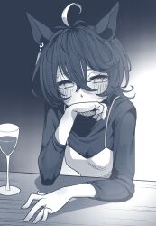 Rule 34 | 1girl, a4 (a4 eishi), absurdres, alcohol, alternate hairstyle, animal ears, arm on table, arms on table, black sweater, blush, covering own mouth, crossed bangs, cup, drinking glass, drunk, ear tag, earrings, elbow on table, greyscale, hair between eyes, hand over own mouth, highres, horse ears, horse girl, jewelry, long sleeves, manhattan cafe (umamusume), monochrome, single earring, solo, sweater, sweater under dress, table, umamusume, wine, wine glass, wooden table