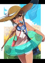 Rule 34 | 1girl, :d, bag, bandaid, bandaid on cheek, bandaid on face, bare arms, bare shoulders, blue shorts, blue sky, blurry, blurry background, blush, bow, brown eyes, brown hair, brown hat, butterfly net, camisole, cloud, cloudy sky, collarbone, commentary request, cowboy shot, day, depth of field, diving mask, dutch angle, flower, food, goggles, green innertube, hair between eyes, hair flower, hair ornament, hairclip, hand net, hat, hat bow, highres, innertube, looking at viewer, minowa gin, minowa sukyaru, open mouth, outside border, popsicle, round teeth, short shorts, shorts, shoulder bag, sky, smile, snorkel, solo, striped, striped bow, sun hat, sweat, swim ring, tan, tanline, teeth, transparent, upper teeth only, washio sumi wa yuusha de aru, white bow, white camisole, yellow flower, yuusha de aru