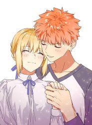 Rule 34 | 1boy, 1girl, artoria pendragon (all), artoria pendragon (fate), blonde hair, blue ribbon, bow, braid, emiya shirou, closed eyes, fate/stay night, fate (series), hair ribbon, highres, holding hands, multicolored clothes, nipi27, orange hair, parted lips, ribbon, saber (fate), short hair, simple background, smile, sparkle, white background